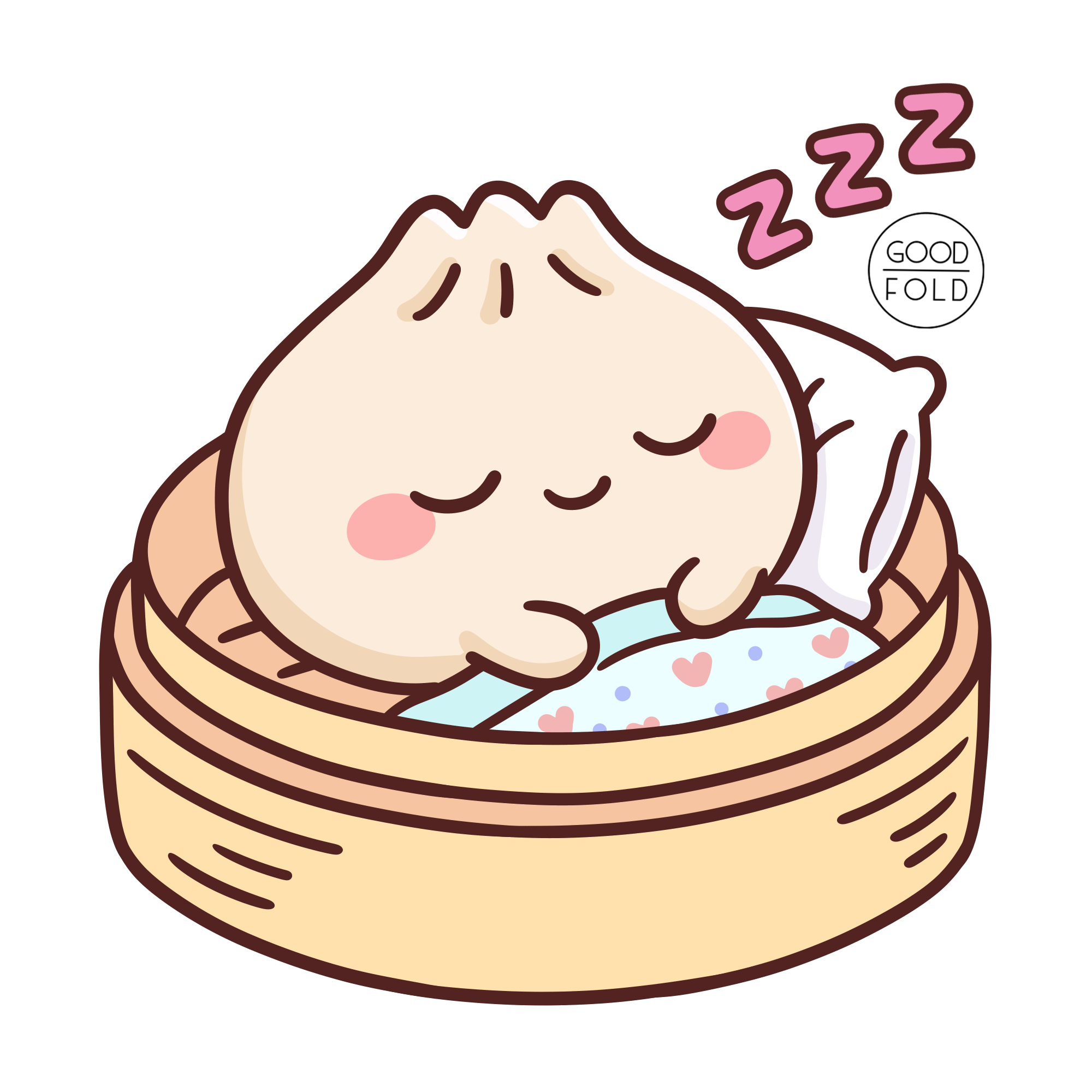 A sleepy dumpling tucked into a bamboo steamer with a pillow and blanket.